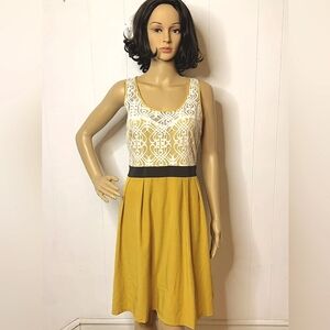 a'reve Sleeveless Dress Womens Large A-Line Lace Upper Mustard Yellow Tie Waist
